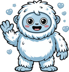 Obraz premium A charming, cartoonish yeti character waves, with a friendly expression, surrounded by floating hearts. Transparent png vector