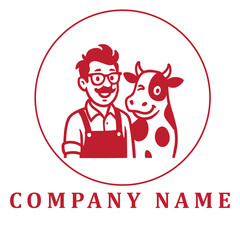 Whimsical red and white logo of a funky cow rancher wearing glasses and suspenders, standing beside a stylized, winking cow—radiating playful charm and quirky farm flair.