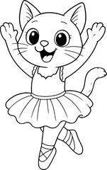 Cartoon Ballet Cat Line Art – Cute Dancing Kitty with Tutu, Ballet Shoes and Smiling Expression