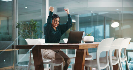 Bonus, fist pump and laptop with business woman in office for goals, good news or milestone....