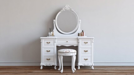 White antique vanity set with ornate details in a room.