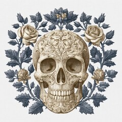 Sepia Skull with Blue Gray Rose Wreath Illustration