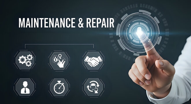 A hand touches a futuristic interface for maintenance and repair services, highlighting technology integration and digital solutions with modern design elements for efficient operations. - Powered by Adobe