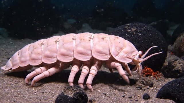Giant Deep Sea Isopod Walking on the Ocean Floor in the Abyssal Zone