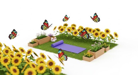Fototapeta premium Miniature Garden Yoga Scene with Sunflowers Butterflies and Green Grass