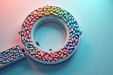 Colorful pills capsules in a circular container for pharmaceutical industry