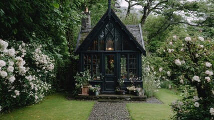 A dark, gothic-style gazebo nestled within a lush garden.
