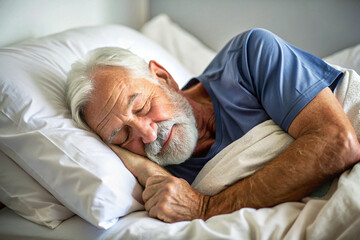 An elderly man is sleeping on a bed in a bedroom