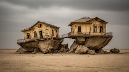 Two dilapidated houses perched atop large rocks in a desolate landscape.