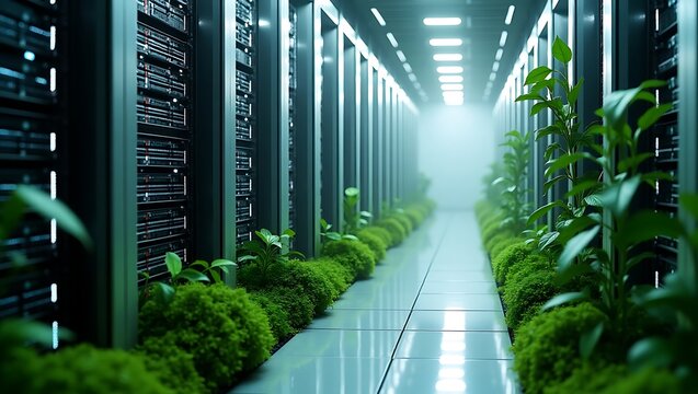 Green data center server room with plants and sustainable technology concept - Powered by Adobe