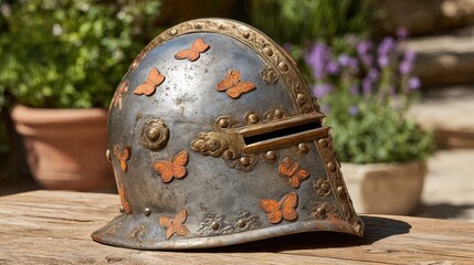 Ornate historical helmet adorned with decorative butterfly motifs.