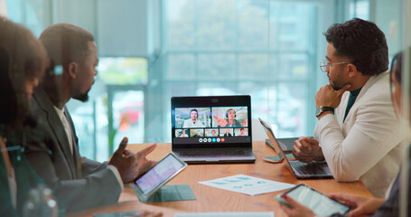 Development, laptop screen and video call with employee people in office boardroom for webinar....