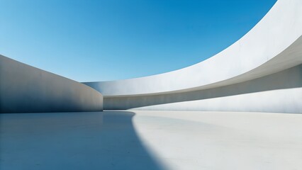 Futuristic Minimalist Architecture with Flowing White Curved Concrete Walls on Reflective Open Terrain under Clear Blue Sky