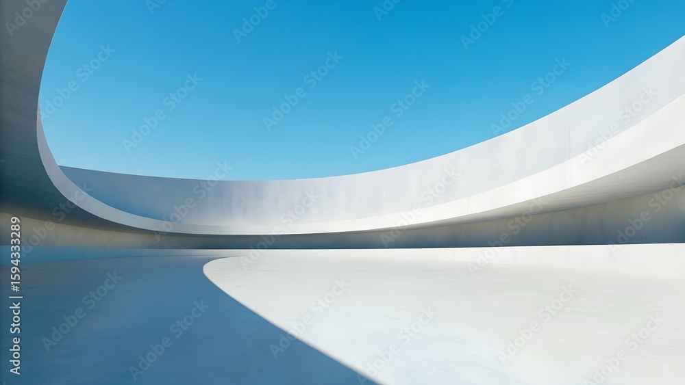 Aufkleber futuristic minimalist architecture with smooth curved concrete walls on open reflective terrain unde
