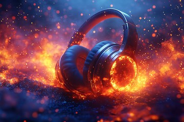 Headphones Surrounded by Fiery Sparks and Glowing Embers on Dark Background


