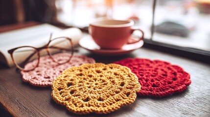Hand-crocheted coasters arranged on a wooden surface.