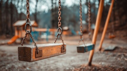 Wooden swing set in a deserted playground.