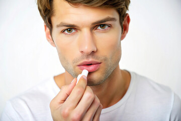 Handsome man applying lipstick gloss to his lips.