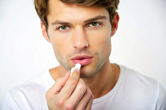 Handsome man applying lipstick gloss to his lips.