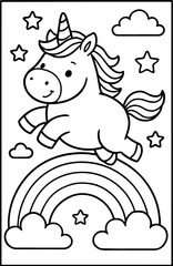 Jumping Unicorn Over Rainbow Line Art – Cute Fantasy Creature with Clouds, Stars and Happy Expression
