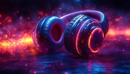 Futuristic Headphones with Neon Glow and Swirling Energy on Dark Surface

