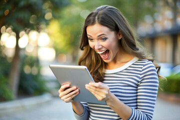Fototapeta premium Smiling young college student reads a book on her tablet computer in a sunny park
