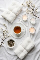 It depicts a spa and relaxation-themed flat lay composition arranged on a white background. The image features white cotton towels, a cup of herbal tea, lit candles, and natural bath salts.