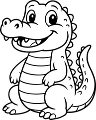 Fototapeta premium Cartoon Crocodile Line Art – Cute Jungle Animal Sitting Upright with Striped Belly and Friendly Smile