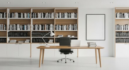 Modern minimalist office with a large desk, chair, laptop, and extensive bookshelves.