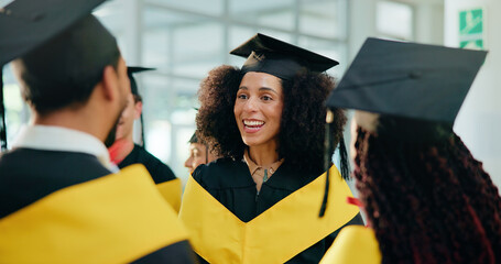 College, friends and smile with students at graduation for alumni ceremony, achievement and diploma...