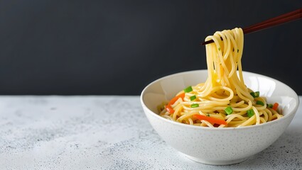 Spicy Noodles in Bowl on Dark Grunge Surface