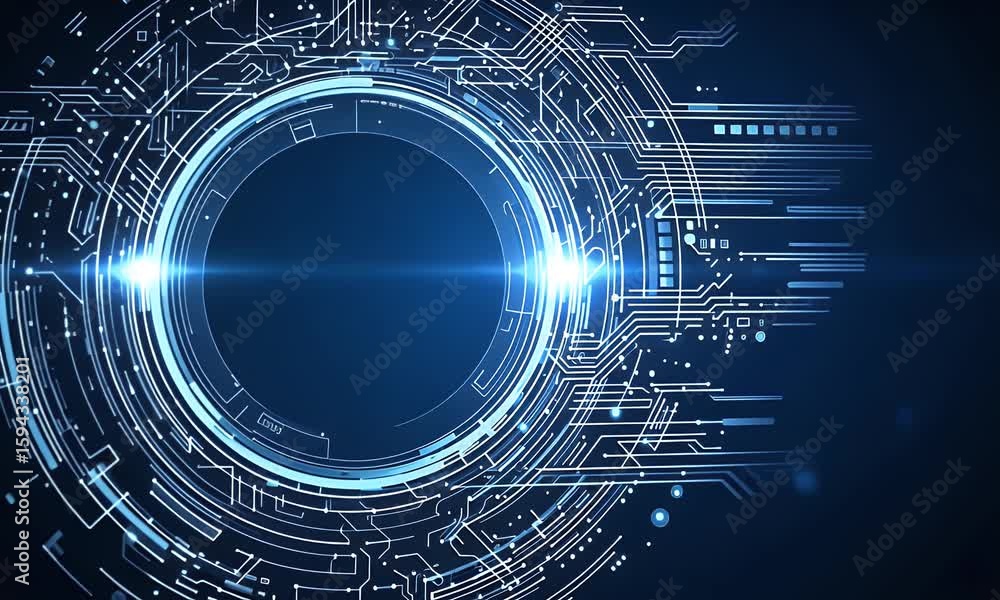 Poster abstract futuristic blue background with glowing digital technology and circuit board elements in th