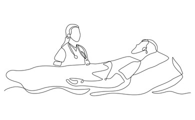 Female doctor examines a patient attentively in a clinic, showing professionalism, care, and focus during a routine medical checkup. continuous line sketch drawing editable stroke vector illustration