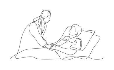 Female doctor examines a patient attentively in a clinic, showing professionalism, care, and focus during a routine medical checkup. continuous line sketch drawing editable stroke vector illustration
