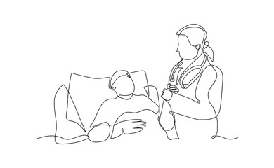 Female doctor examines a patient attentively in a clinic, showing professionalism, care, and focus during a routine medical checkup. continuous line sketch drawing editable stroke vector illustration