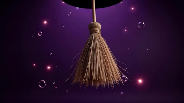Witness a captivating floating witch hat and broom amidst a purple gradient backdrop, surrounded by enchanting stars and glowing potion bubbles in stunning 4k.