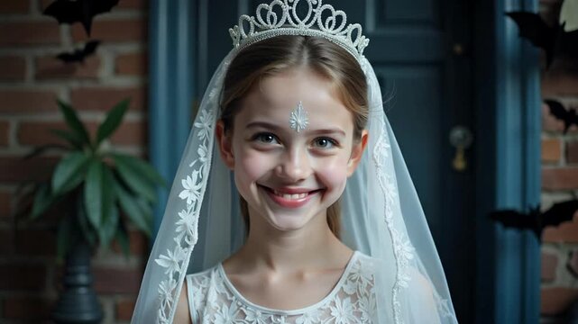 Ethereal ghost bride with pale makeup smiles gently, bats flutter behind her against a vibrant full moon in striking 4k footage.