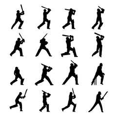 Cricketer Silhouette Collection – Batting Poses Clipart

