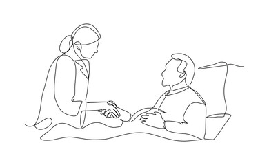 Female doctor examines a patient attentively in a clinic, showing professionalism, care, and focus during a routine medical checkup. continuous line sketch drawing editable stroke vector illustration
