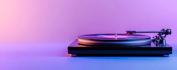 A sleek and classic turntable playing a vinyl record with a vibrant purple and pink gradient background