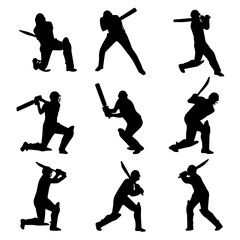 Cricketer Silhouette Collection – Batting Poses Clipart

