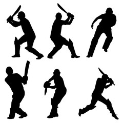 Cricket Player Silhouettes in Batting Action Vector Set

