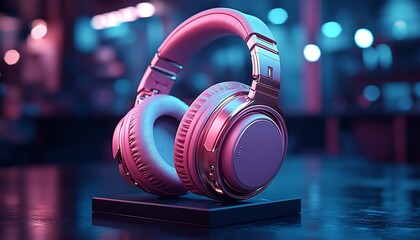 Modern Metallic Headphones on Stand with Futuristic Lighting

