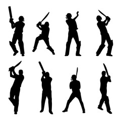 Cricket Player Silhouettes in Batting Action Vector Set

