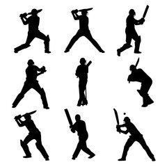 Cricket Player Silhouettes in Batting Action Vector Set

