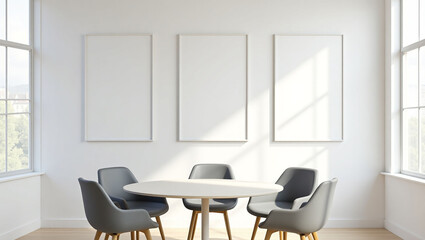 Modern minimalist office interior with round table, gray chairs, and three blank vertical posters on white wall in soft daylight setting. 3D Rendering