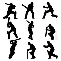 Cricket Player Silhouettes in Batting Action Vector Set

