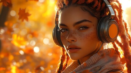 Young Woman with Headphones in Autumn Leaves and Warm Sunlight

