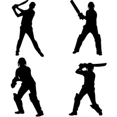 Cricket Player Silhouettes in Batting Action Vector Set

