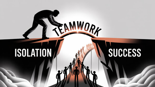 Building Bridges: A powerful illustration of overcoming isolation through teamwork, leading to collective success and achievement.